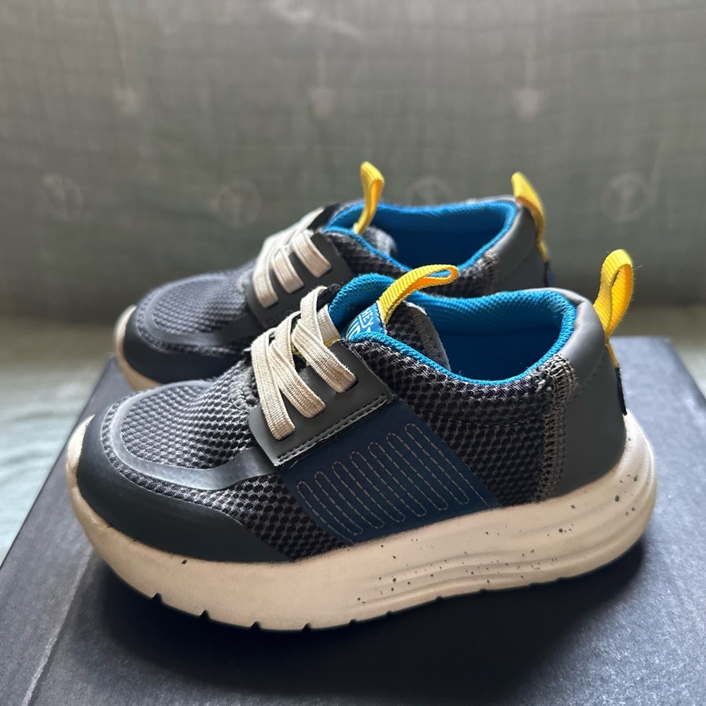 Hey Dude Gray and Blue Kids Sneakers with Yellow Accents